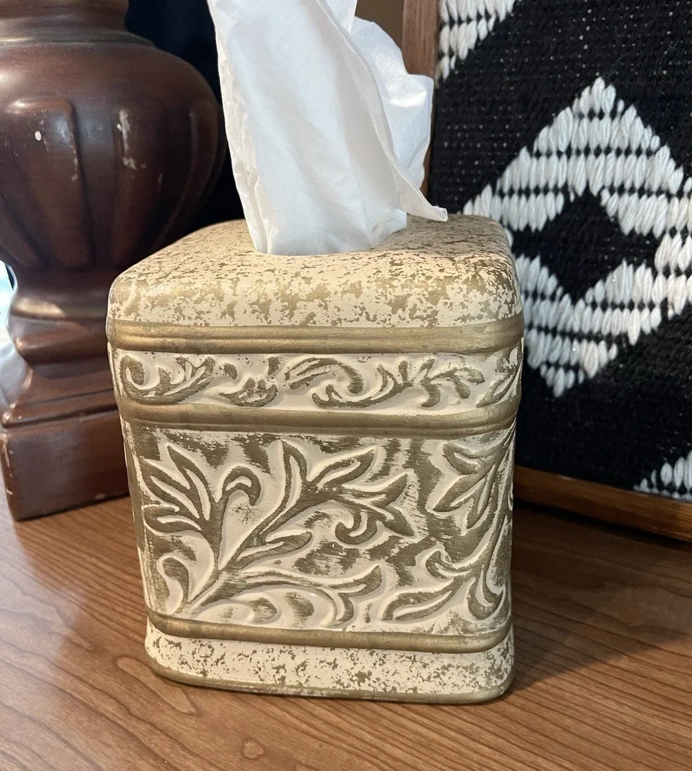 Vintage Clay Tissue Box Cover French Provincial Scrolling Leaf Cream Gold